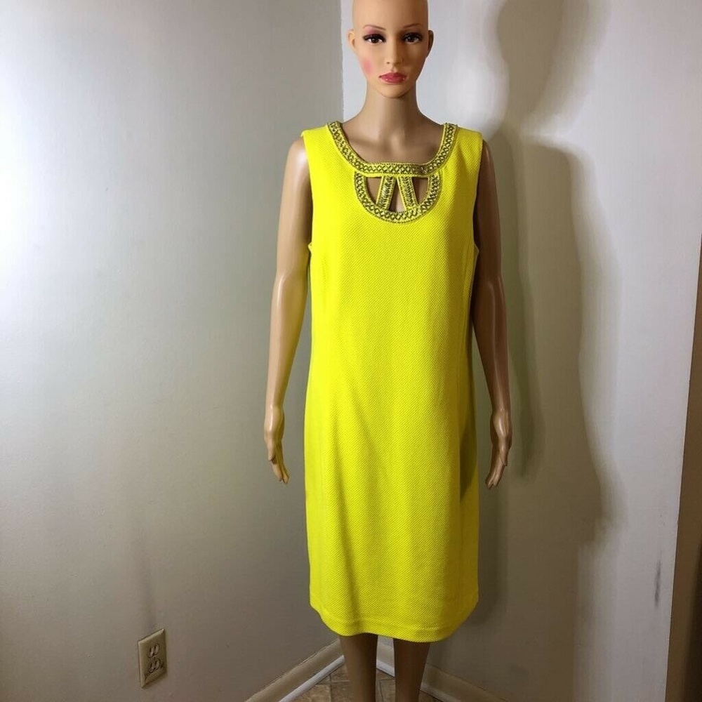 Peter Nygard Womens Shift Dress Yellow Beaded Jewe